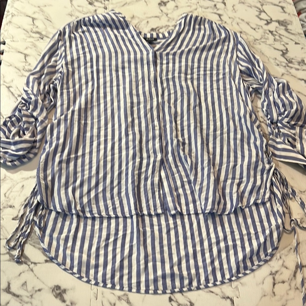 a.n.a Blue and White roll tab long Sleeve Relaxed tie up side Blouse